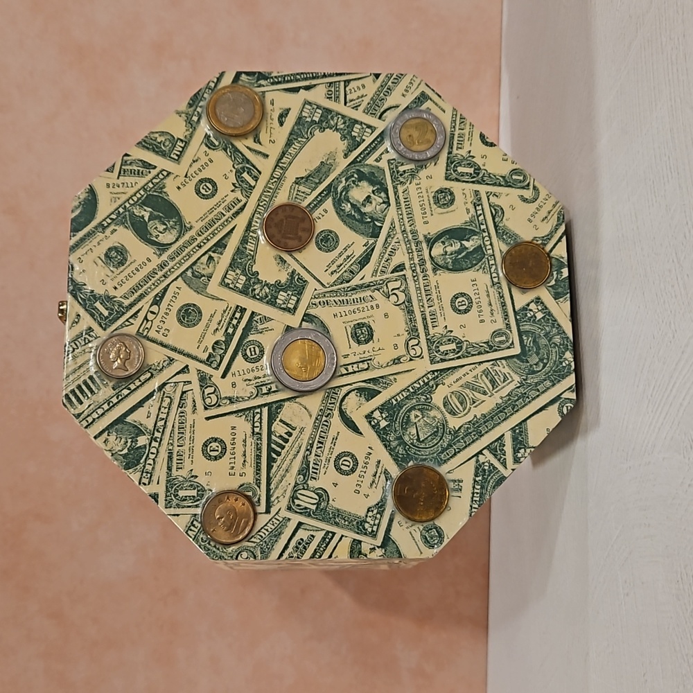 Money themed decoupaged box hand crafted foreign coins keepsake box paper lined
